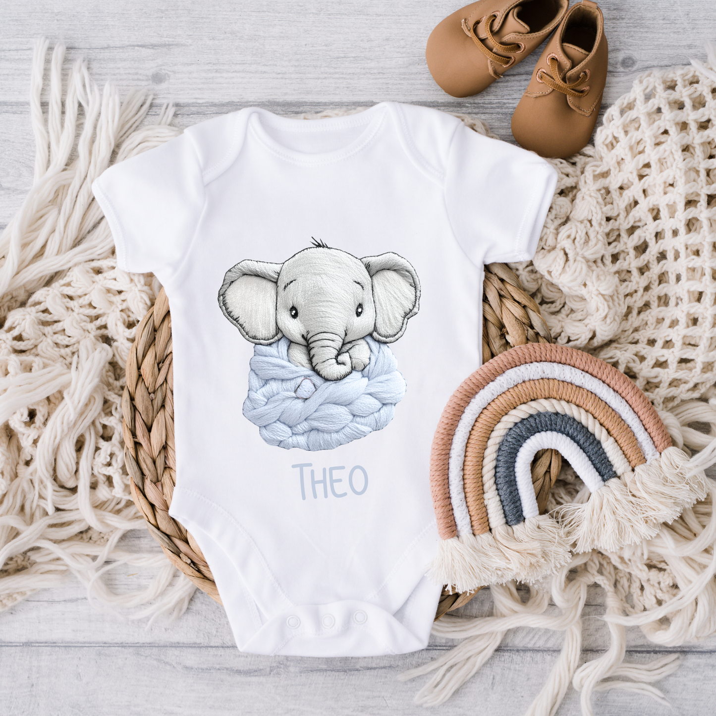 Personalised elephant baby vest with name