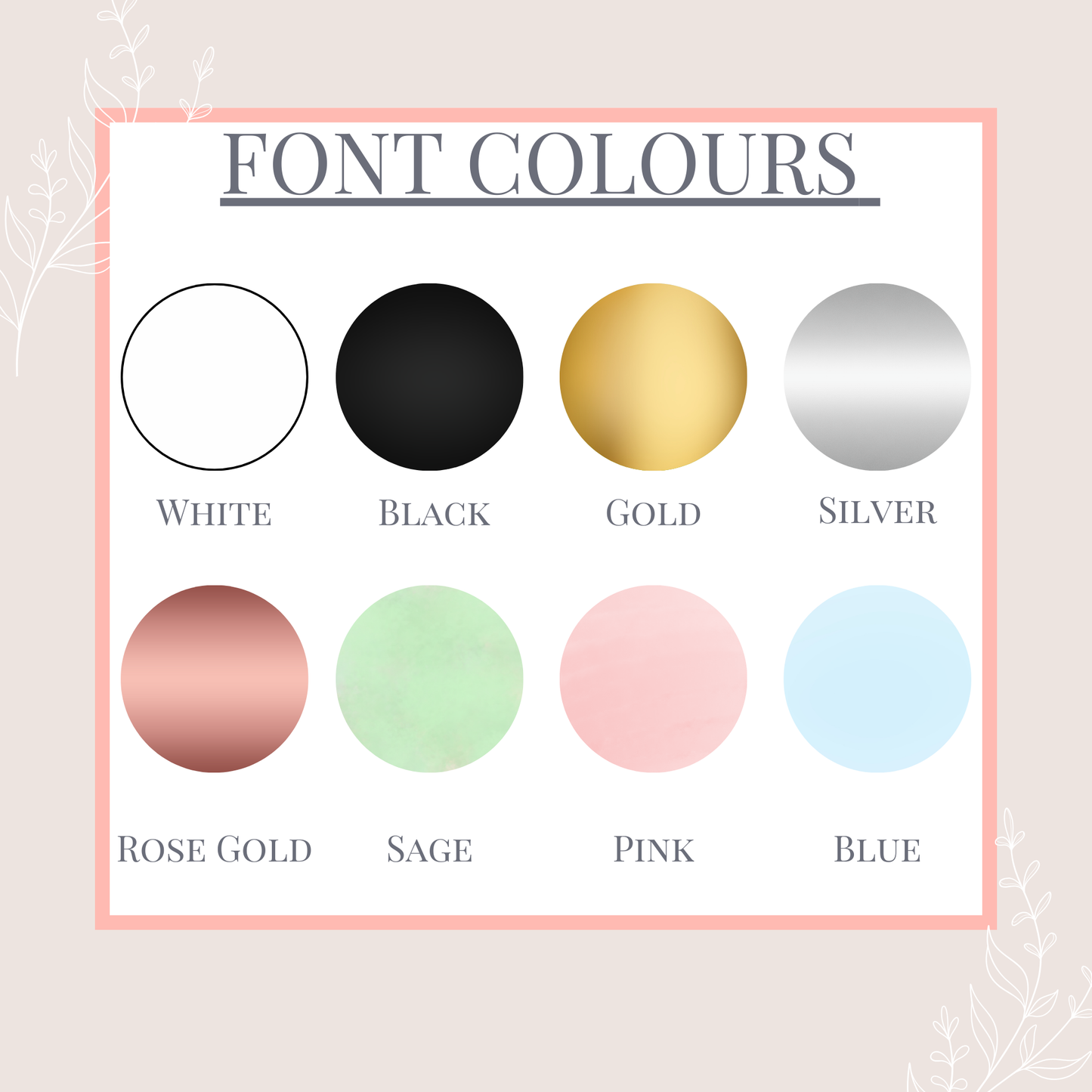 colour chart for font available on white gift bags