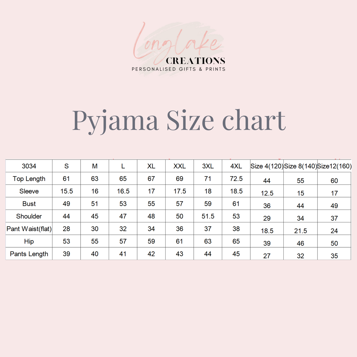 size guide for satin wedding pyjamas