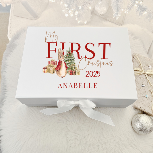 White personalised Christmas Eve box with magnetic close lid and white ribbon, perfect for holding pyjamas, treats and festive gifts.