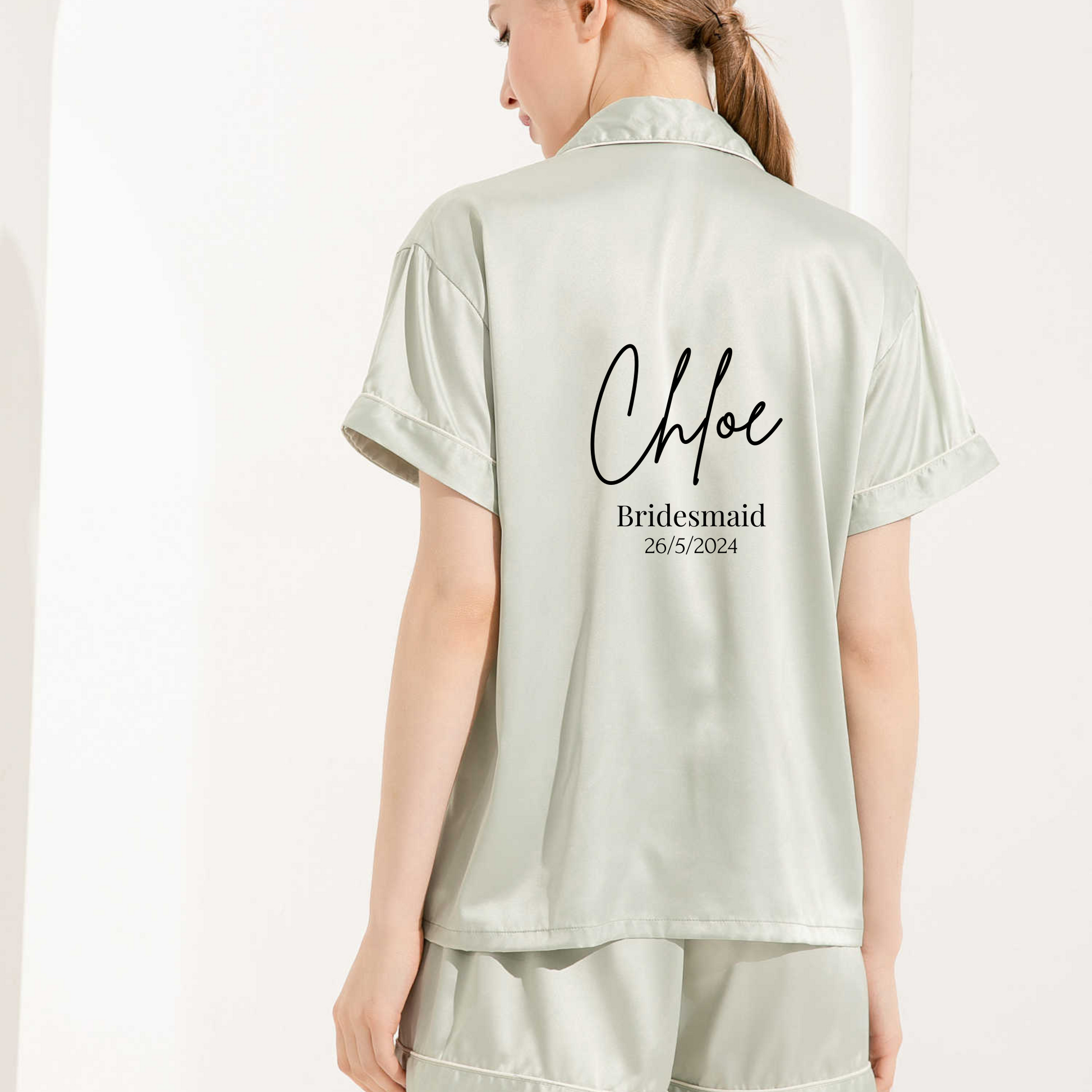 sage green personalised pjs for bridesmaid. 