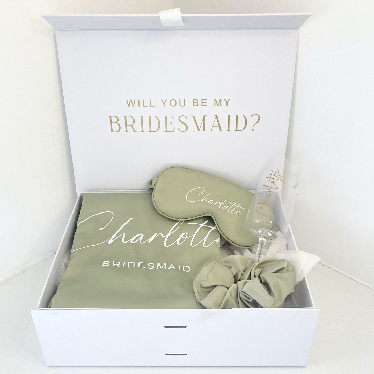 Personalised bridesmaid gift box with robe and proposal message inside