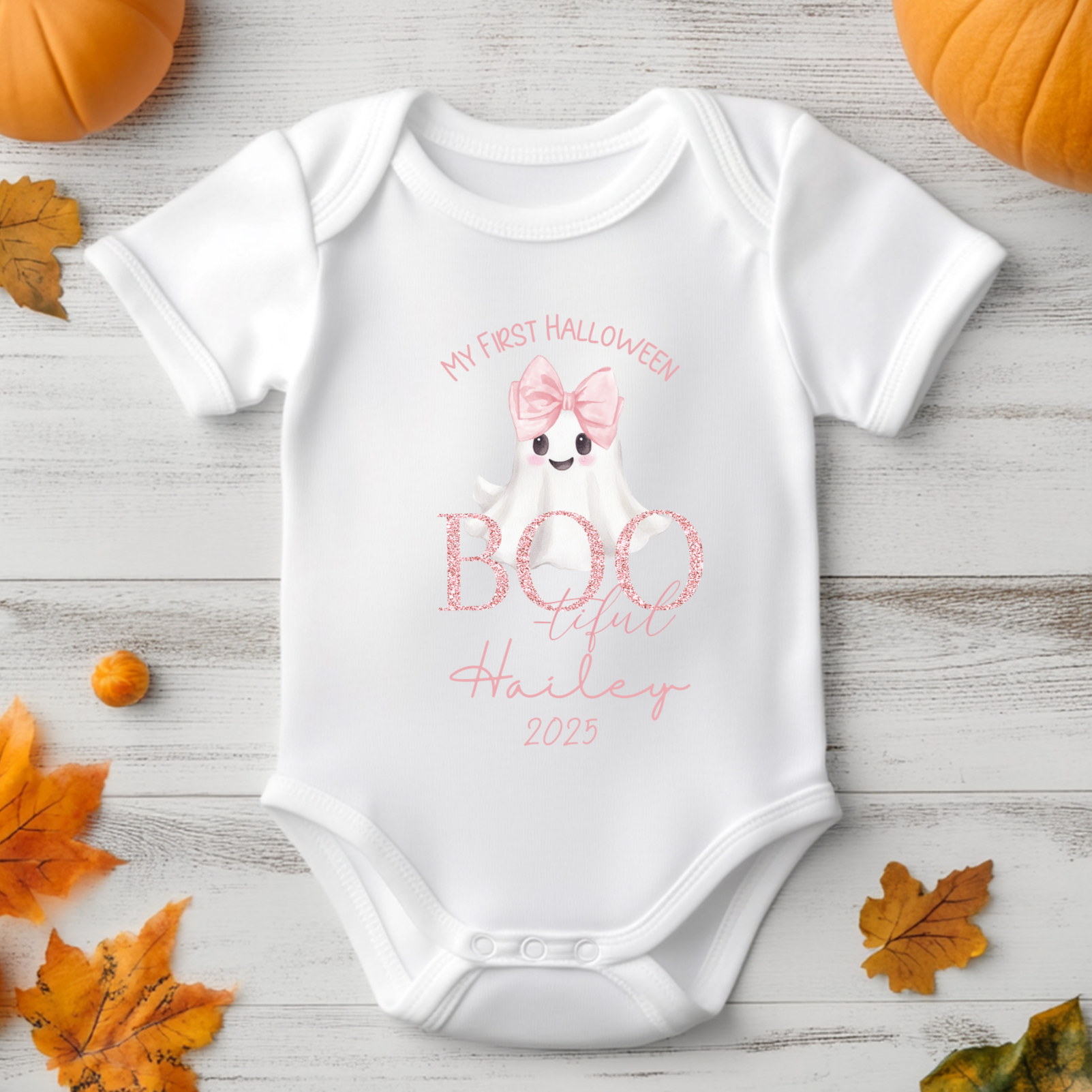 my first Halloween personalised bodysuit with pink ghost design