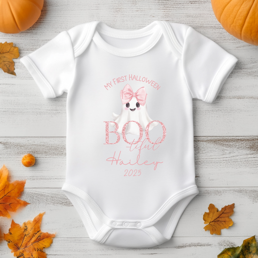 my first Halloween personalised bodysuit with pink ghost design