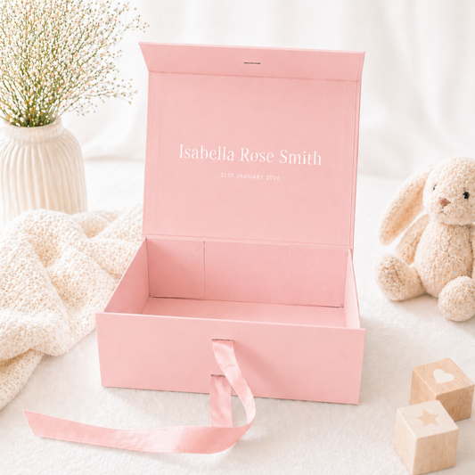 pink gift box with name and date on inside lid