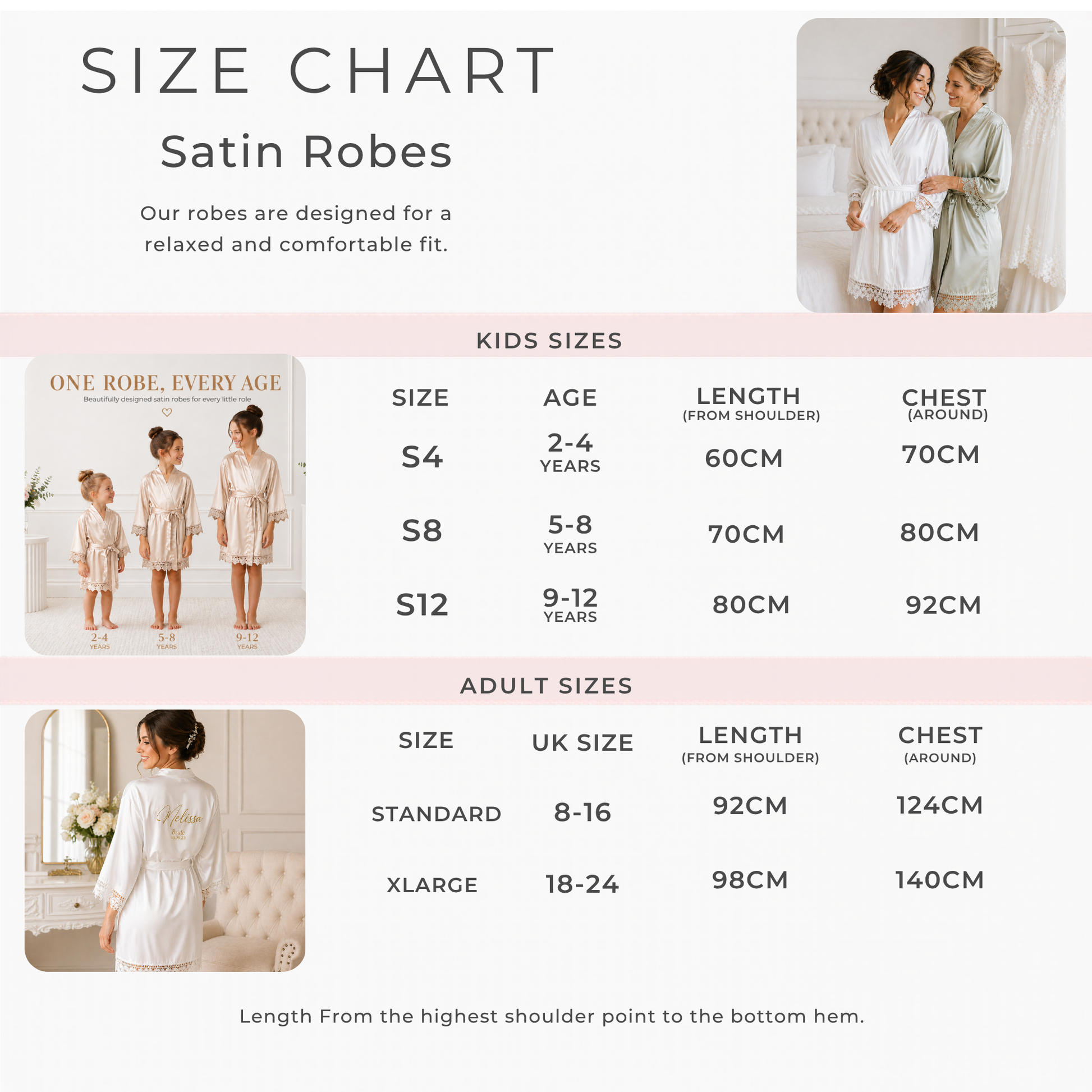 robe size chart showing kids and adult sizes