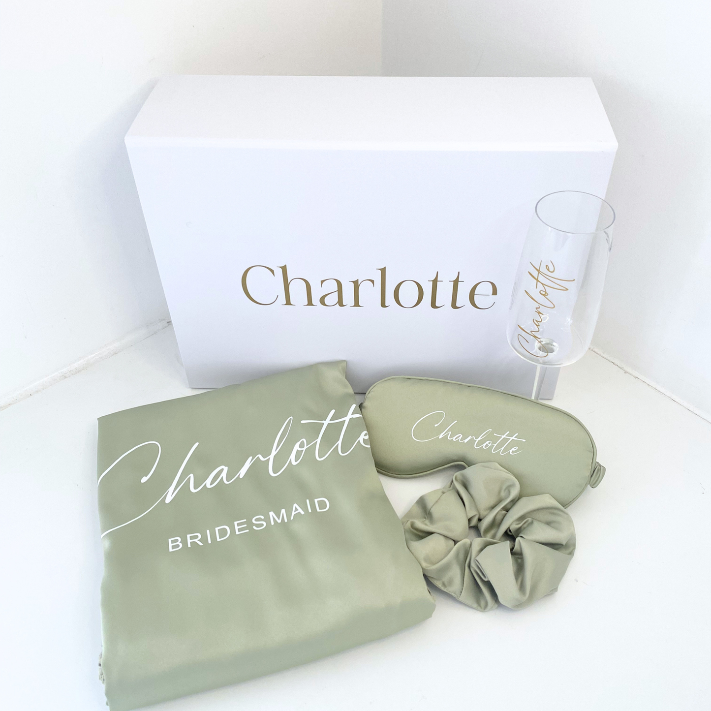 Bridesmaid gift box set with robe, eye mask, scrunchie and champagne glass