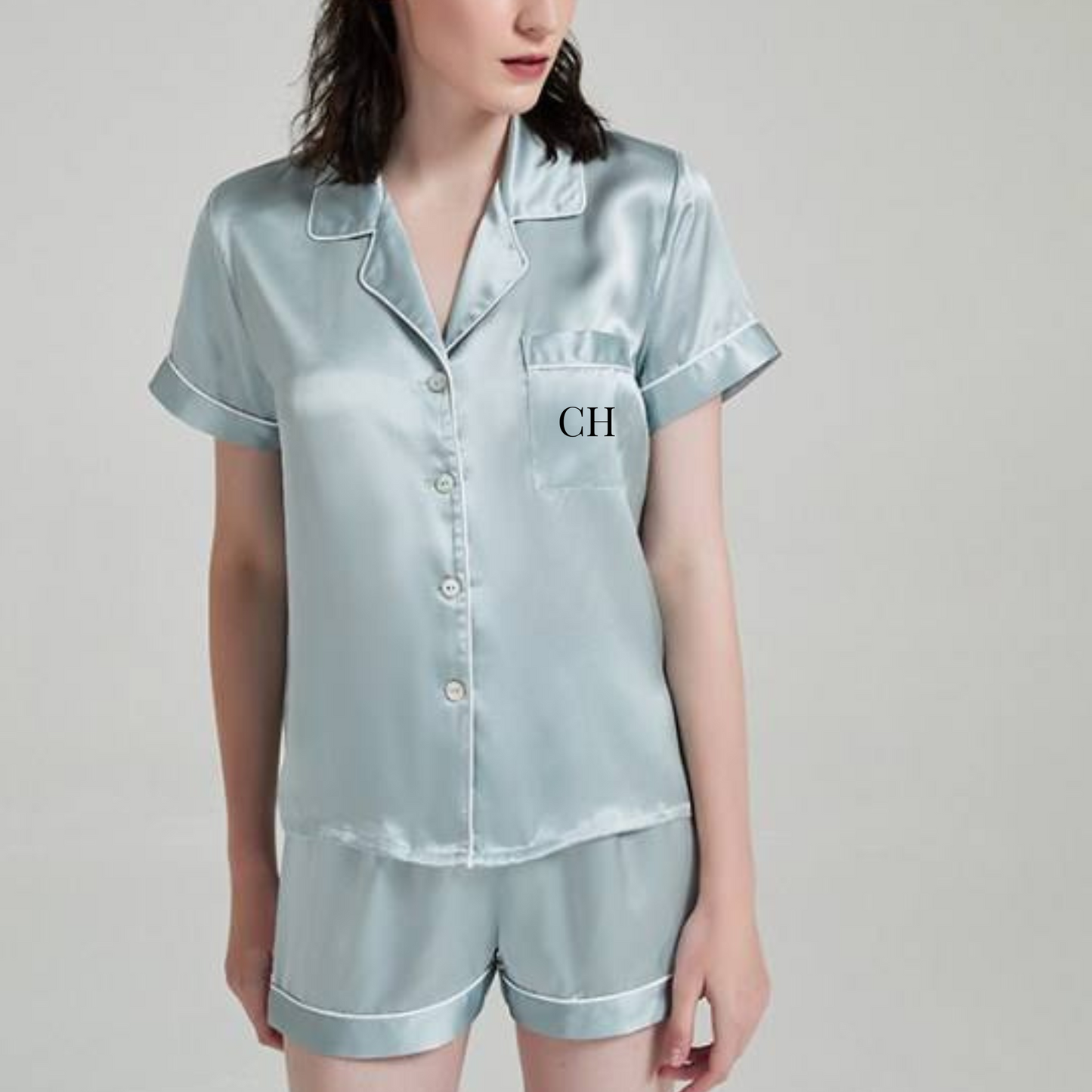 dusty blue wedding pyjamas with personalised initial on pocket