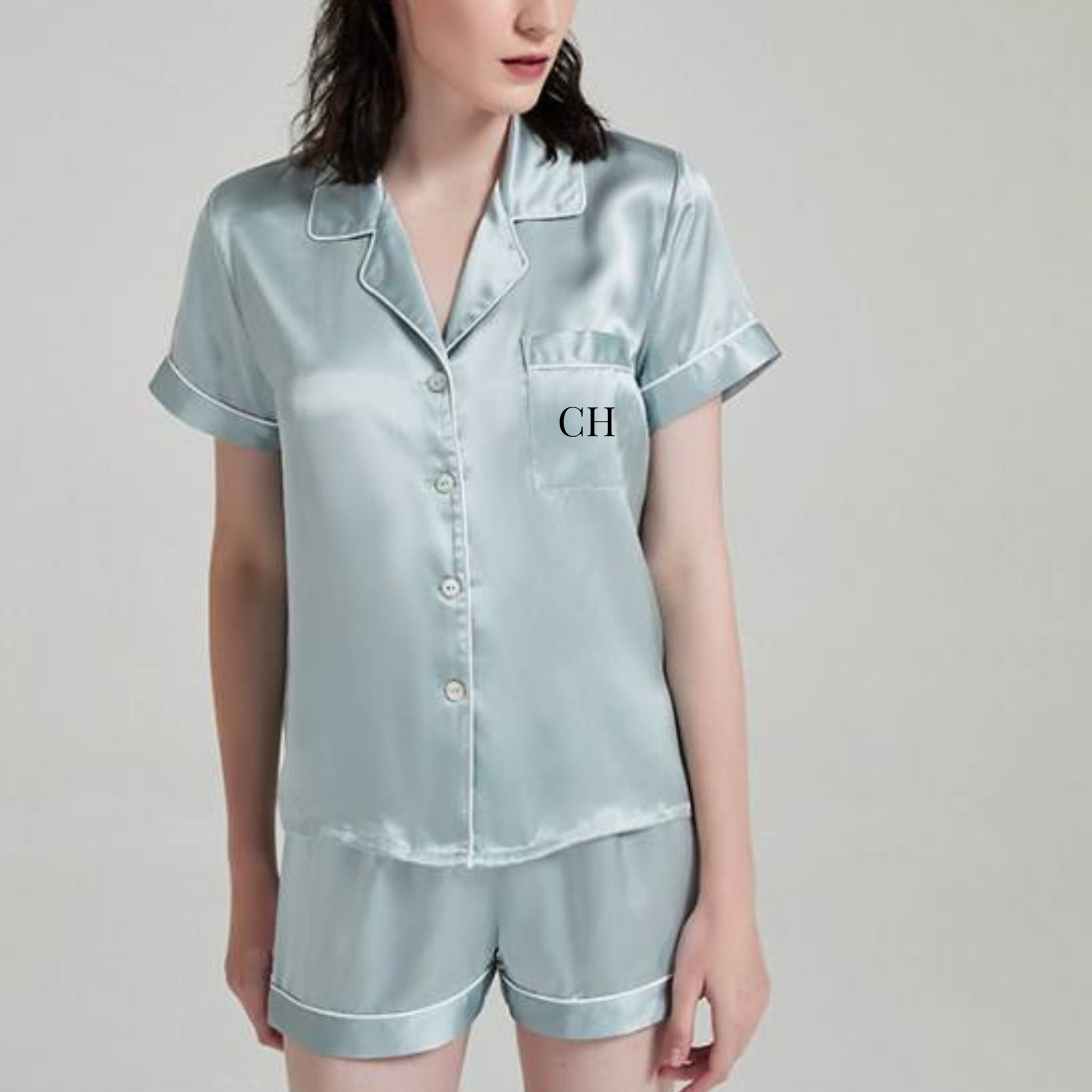 dusty blue wedding pyjamas with personalised initial on pocket