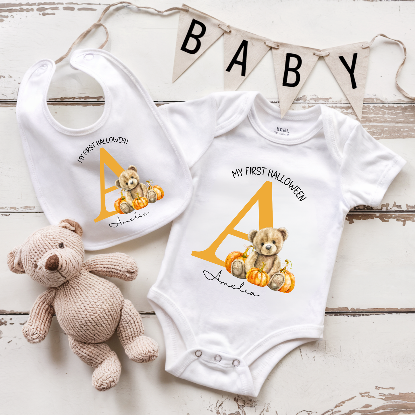 My First Halloween baby grow - with initial bear