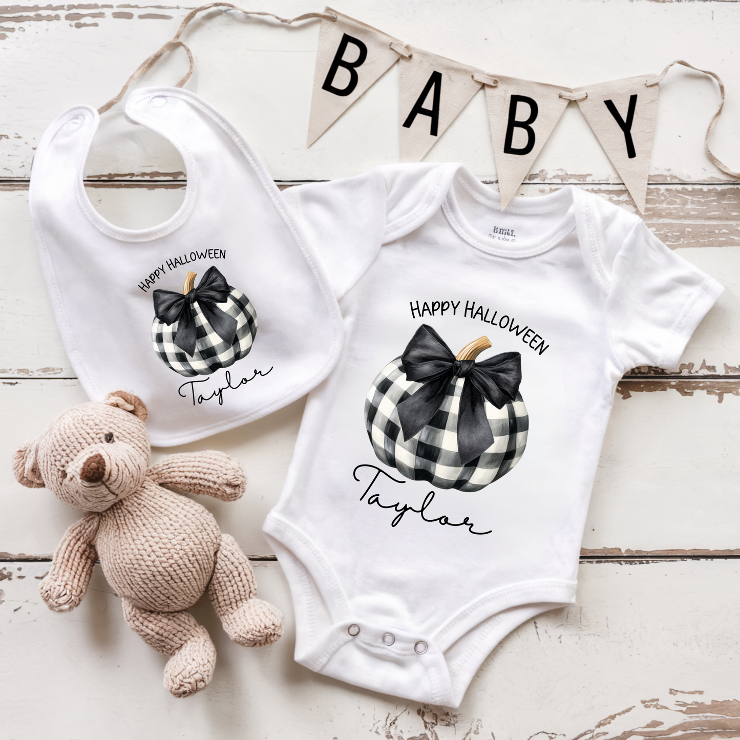 Halloween baby grow - Checked Pumpkin