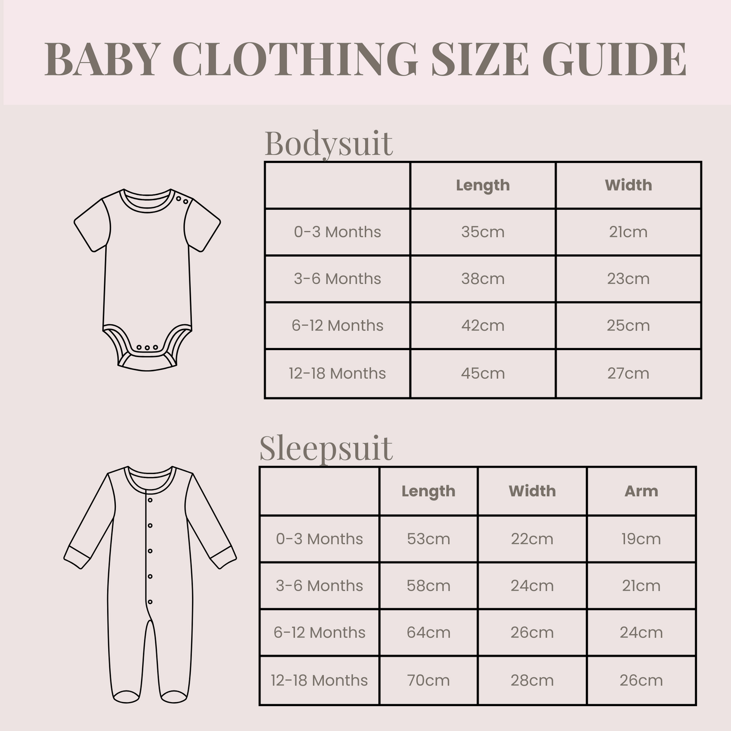 Baby clothing size guide with bodysuit and sleepsuit illustrations and measurements.