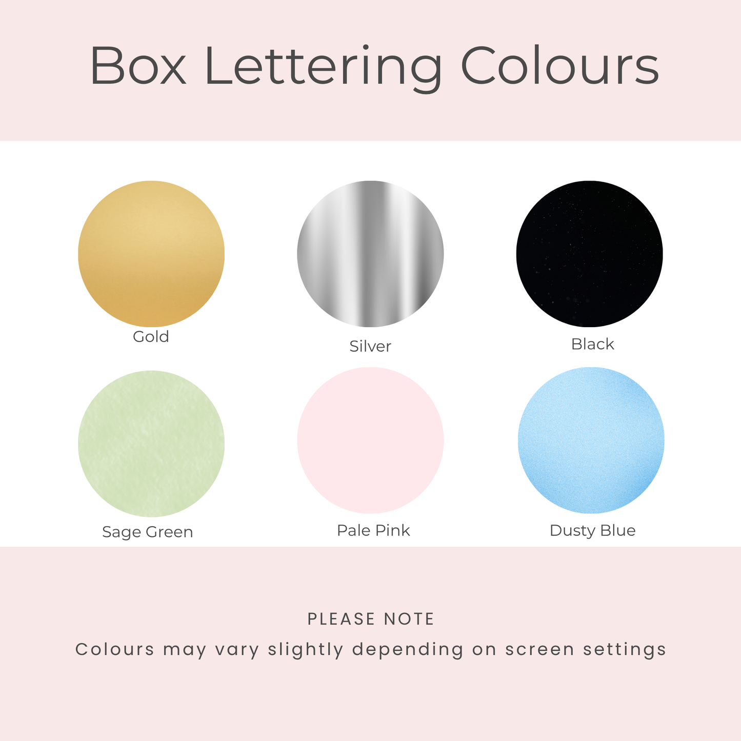 Gift box lettering colour options including gold, silver and black