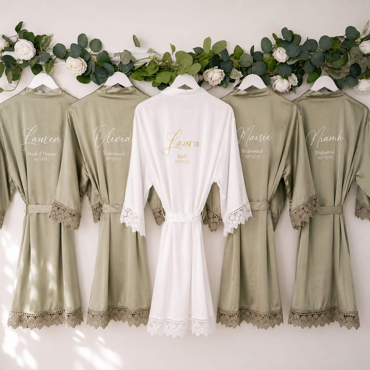 Personalised Adult Robe with Lace Trim - Sage