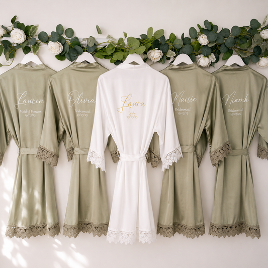 Personalised Adult Robe with Lace Trim - Sage