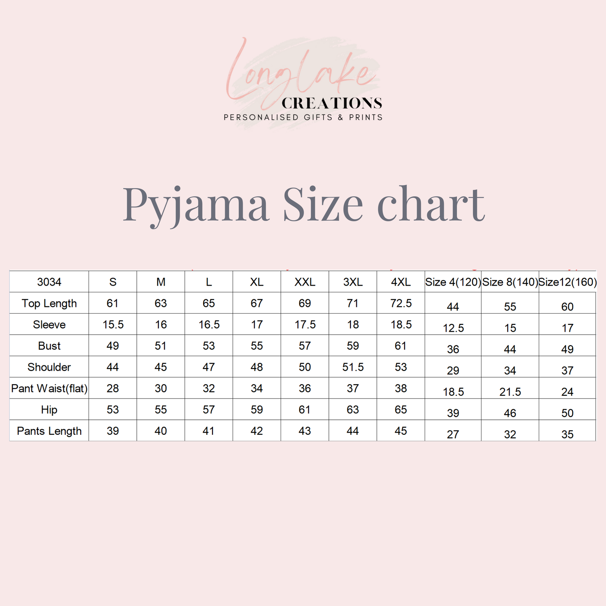size guide for satin wedding pyjamas